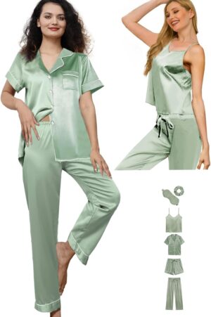 6Pcs Womens Silk Satin Pajama Sets Pj Sets Short Pjs Set Pajamas Sleepwear Camisole Sexy Cami