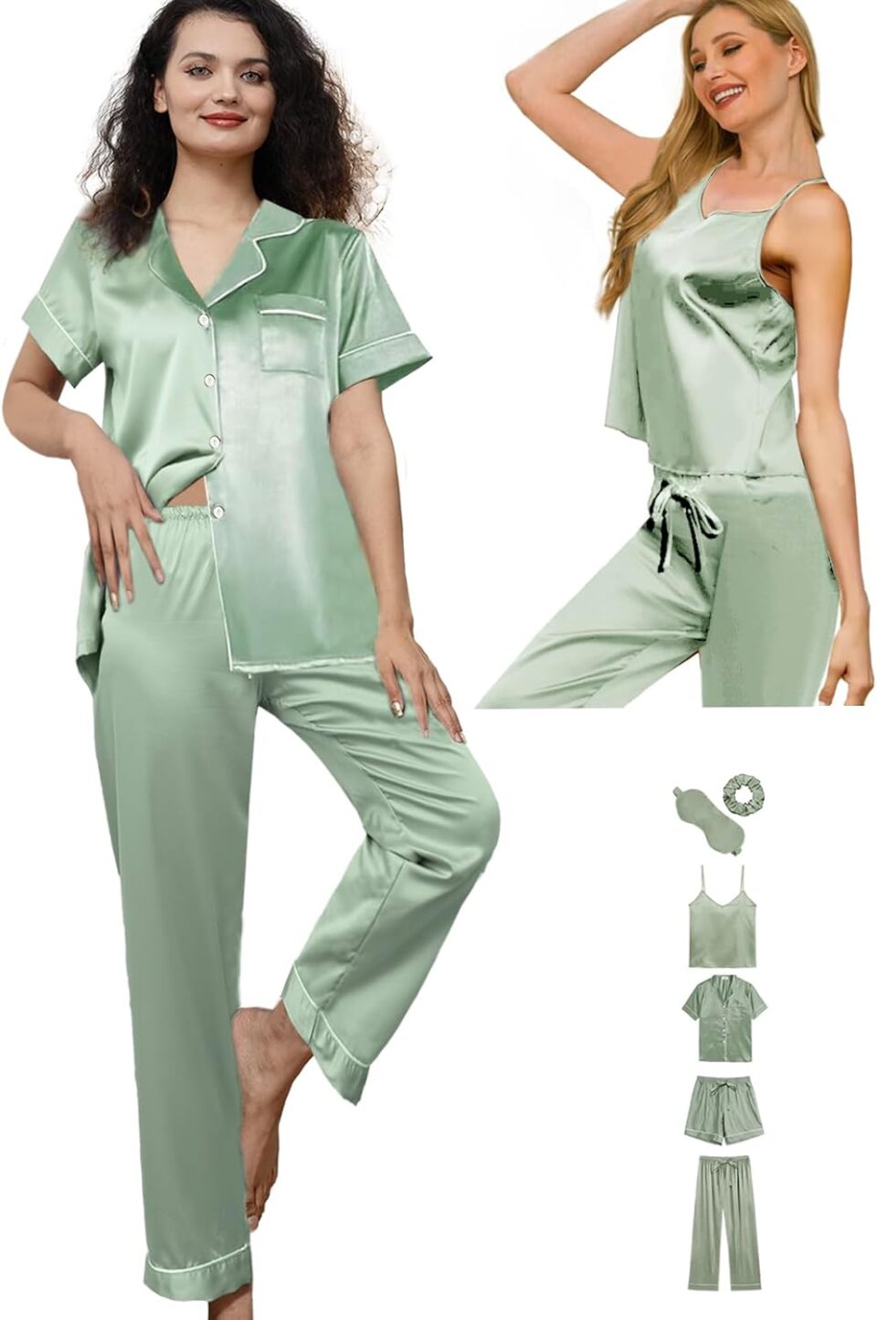 6Pcs Womens Silk Satin Pajama Sets Pj Sets Short Pjs Set Pajamas Sleepwear Camisole Sexy Cami