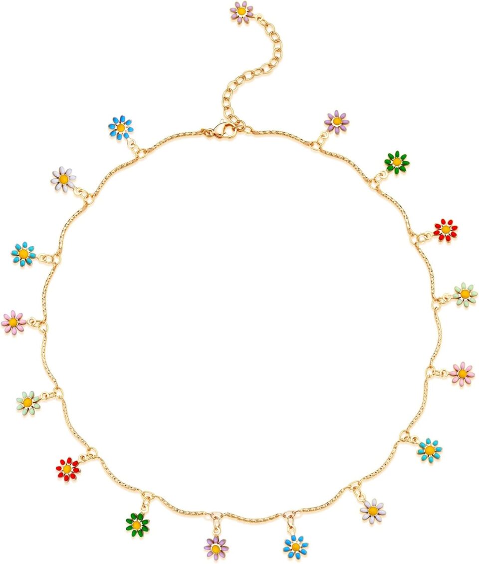 Fettero Cute Choker Necklace for Women Colorful Daisy Flower Choker Cute Chain Choker Necklace Delicate Fashion Gold Dainty Simple Necklace for Women Jewelry Gifts