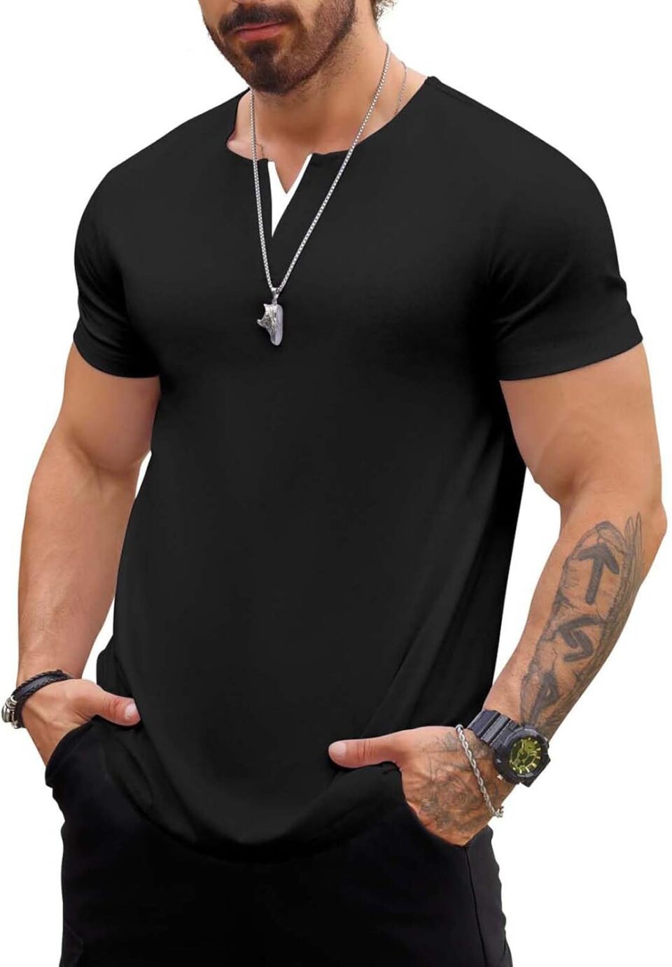 Mens V-Neck Shirt Casual Fashion Longline T Shirts Tee