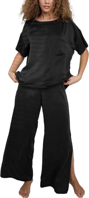Lunya Washable Mulberry Silk Pajamas for Women – Breathable Set with Oversized Tee & Silk Pants – Multiple Colors & Sizes