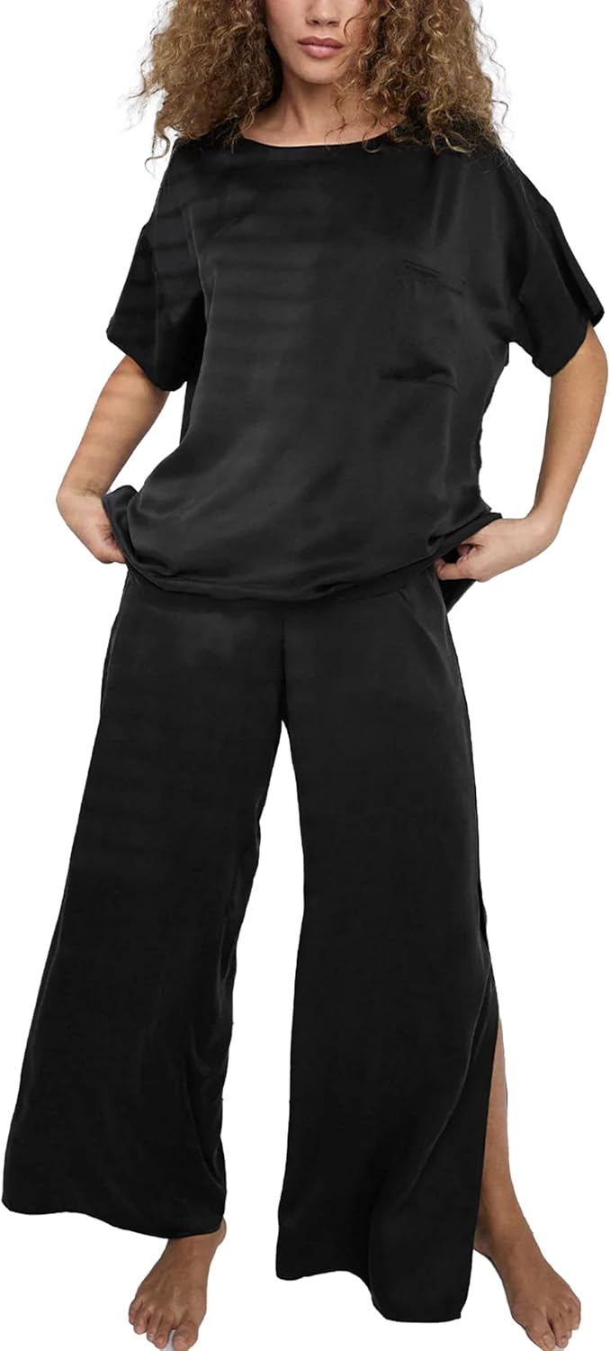 Lunya Washable Mulberry Silk Pajamas for Women – Breathable Set with Oversized Tee & Silk Pants – Multiple Colors & Sizes