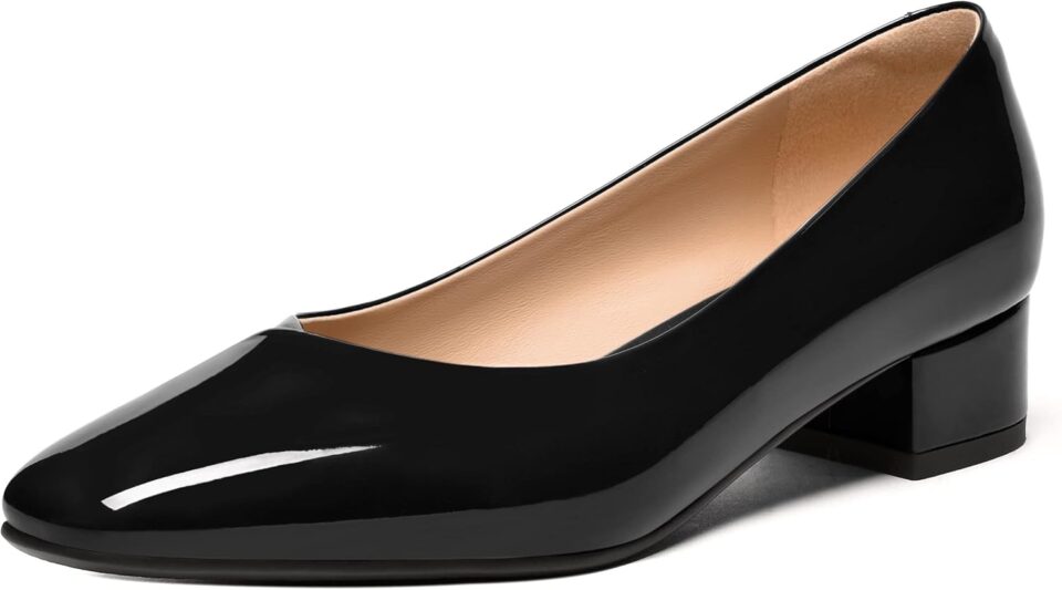 FEMSTEP Womens Patent Leather Block Casual Office Square Toe Slip On Chunky Low Heel Pumps Shoes 1.5 Inch