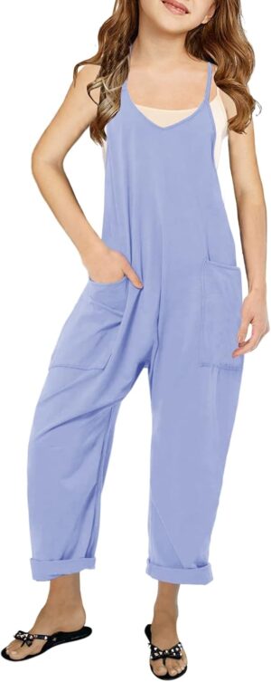 Cnkwei Girls' Casual Sleeveless Jumpsuits Spaghetti Strap Loose Romper Long Pants with Pockets