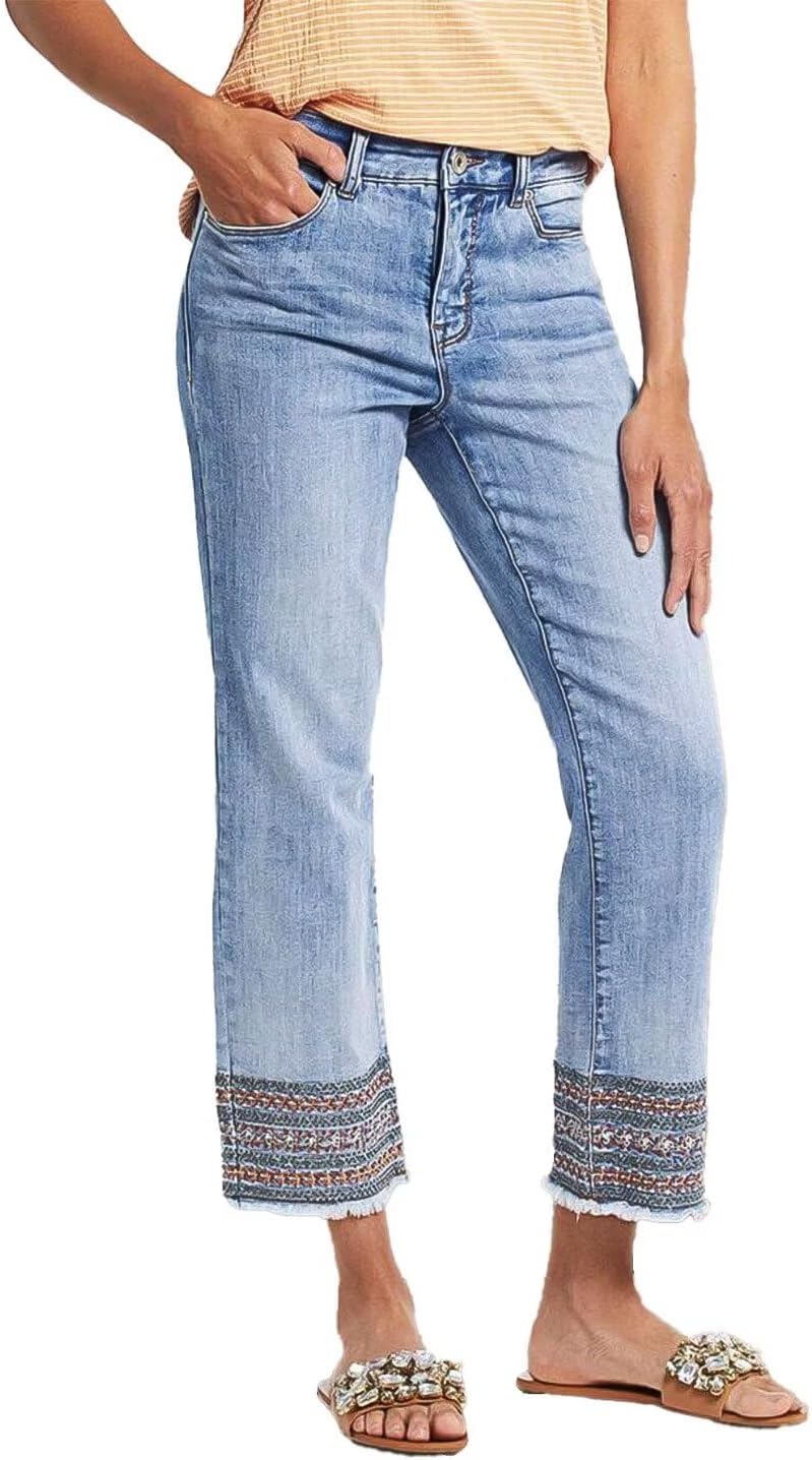 Flamingals Straight Leg Jeans for Women Low Rise Cropped Jeans Wash Embroidery Raw Hem Denim Pants