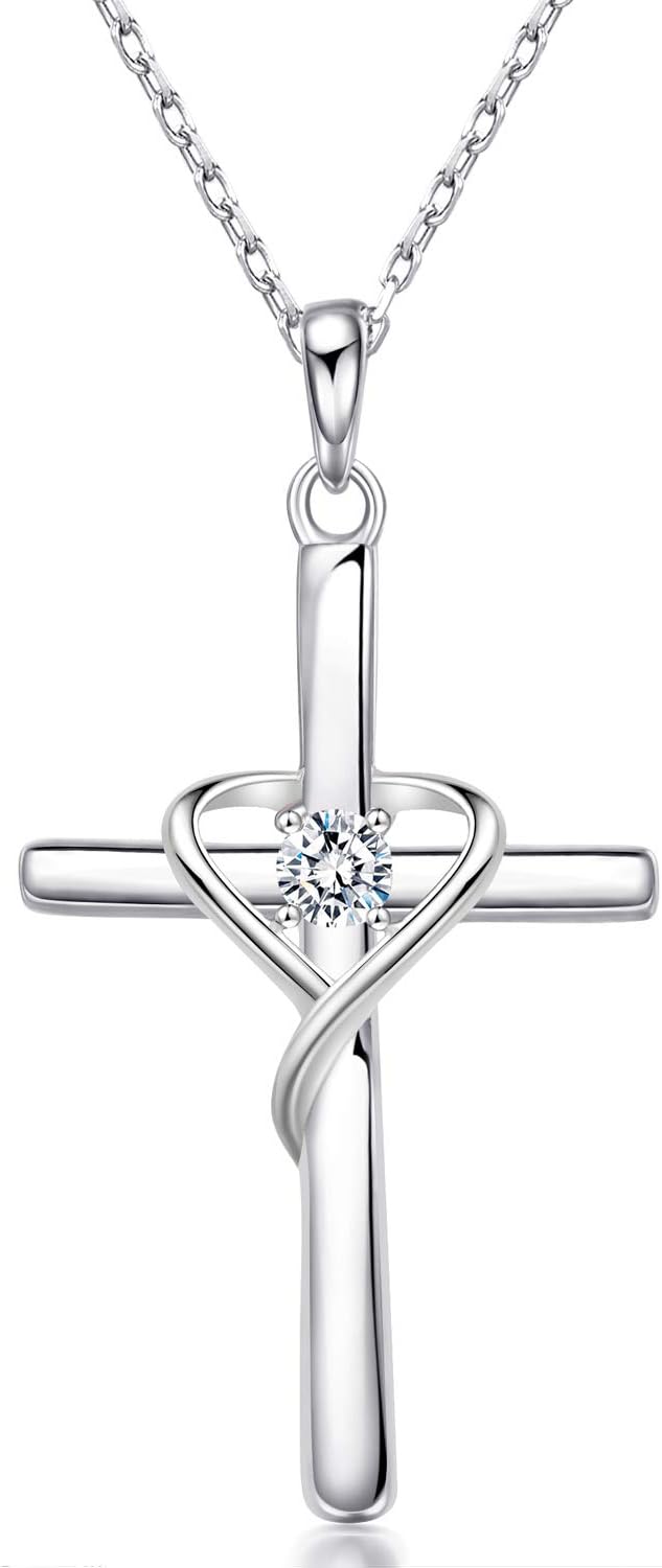 AmorAime 925 Sterling Silver Cross Necklace for Women Men 5A CZ Birthstone Necklaces 14K Gold Plated or Rose Gold Necklace for Easter or Mother's Day