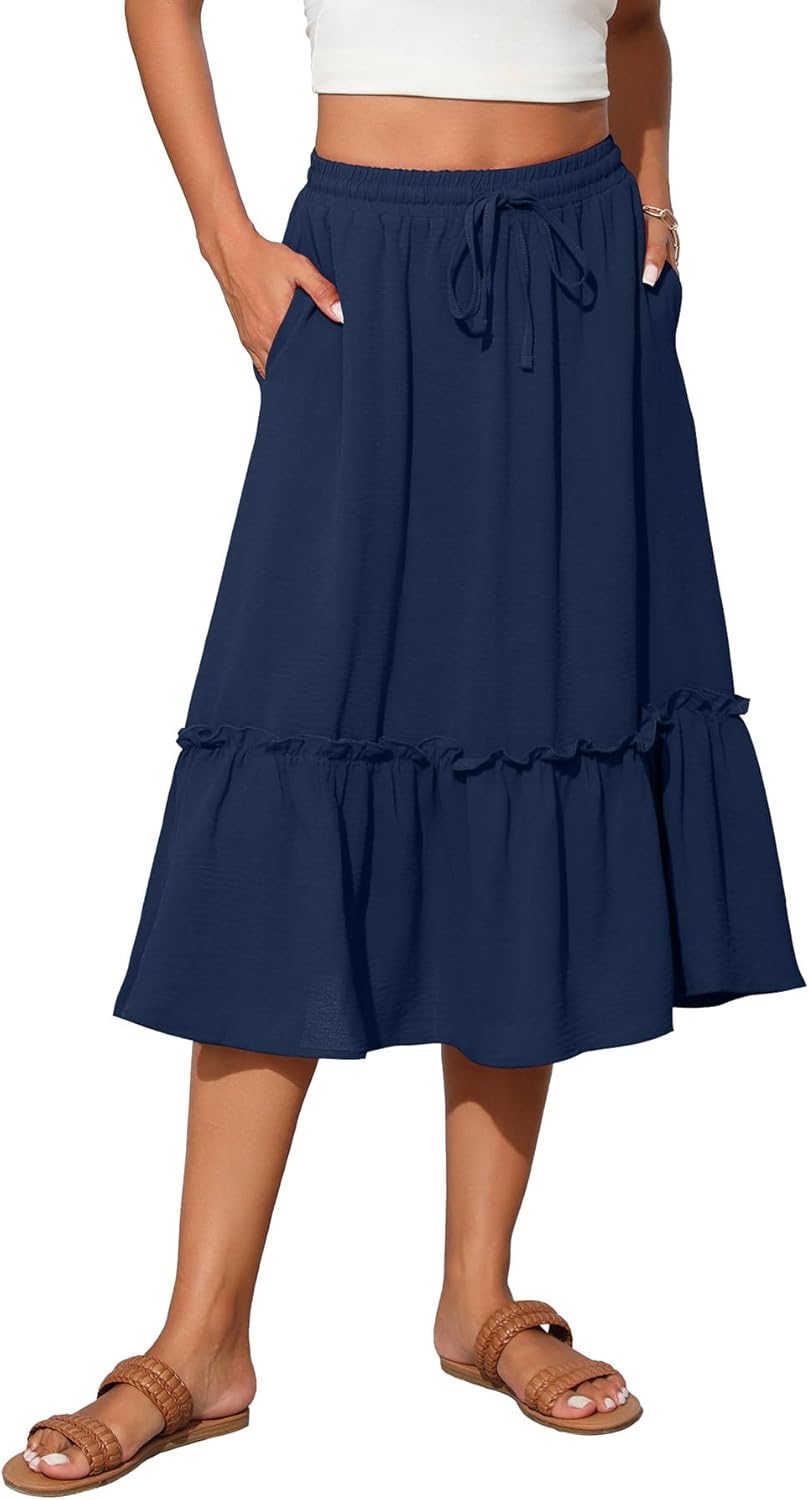 High Waist Tiered Skirts for Women Flowy Skirts for Women Below Knee with Pockets 2025 Fashion Trendy