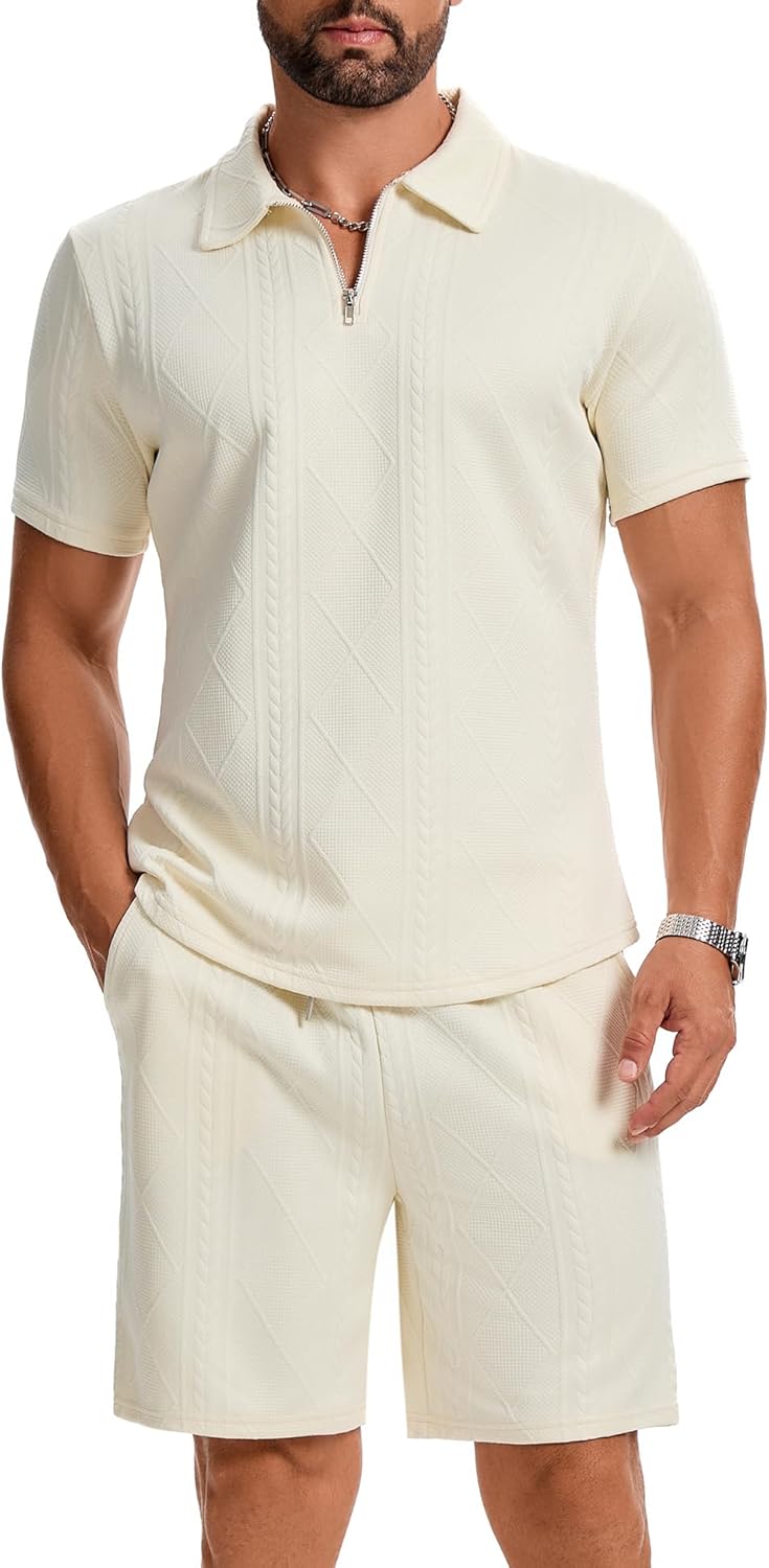Men's 2-Piece Activewear Set Zip-Up Polo and Drawstring Pants with Slant Pockets Set S-2XL