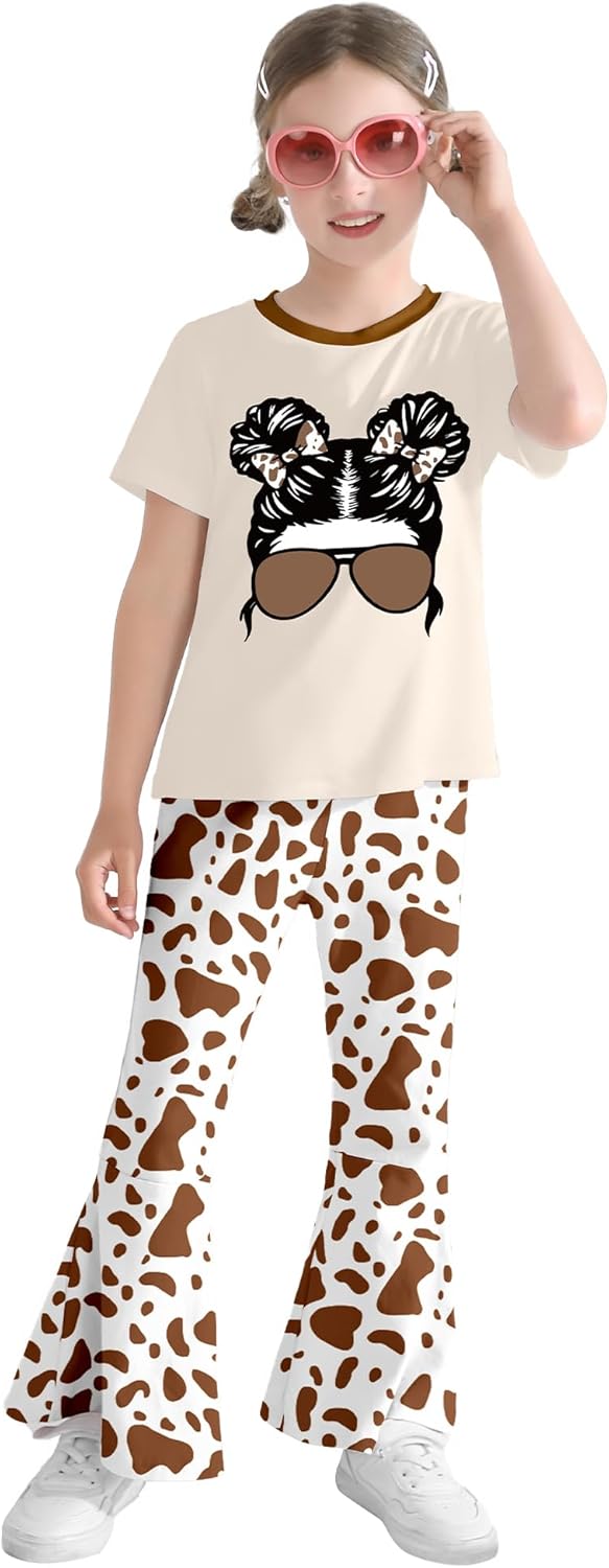 CARETOO Girls Summer Outfit Poster Girl Matching Sister 2pcs Sets Printed t-Shirt + Flare Leg Pants For 3-8 Years