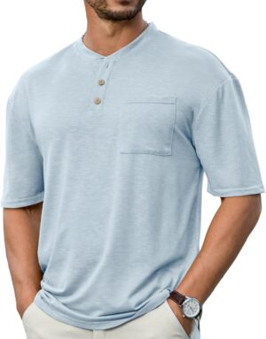 Opomelo Men's Henley Shirt Short Sleeve Athletic Stretch Henley Tee Basic Summer Button T-Shirts with Pocket