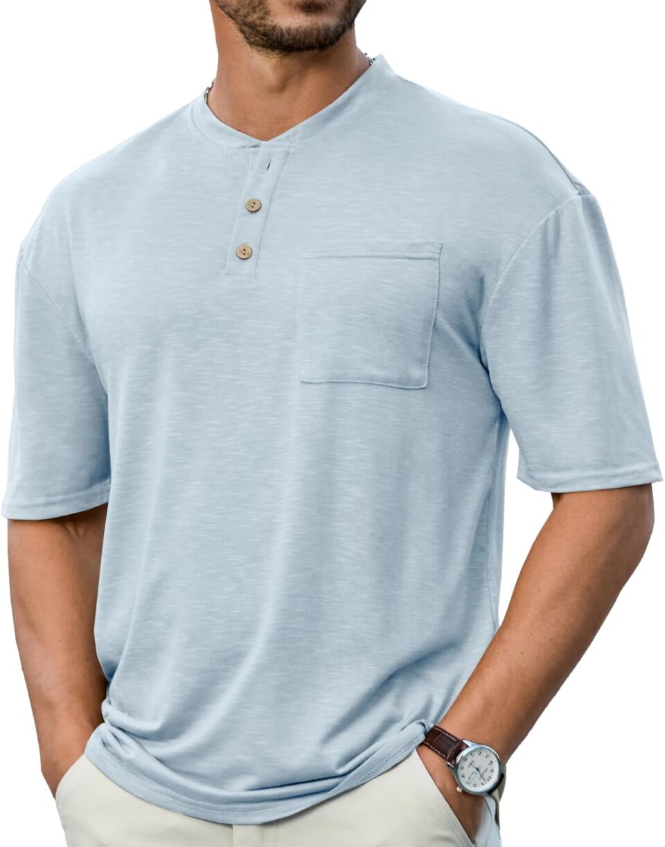 Opomelo Men's Henley Shirt Short Sleeve Athletic Stretch Henley Tee Basic Summer Button T-Shirts with Pocket