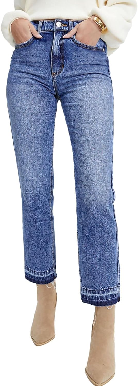 Astylish Womens High Waisted Straight Leg Ankle Jeans Casual Stretch Denim Pants