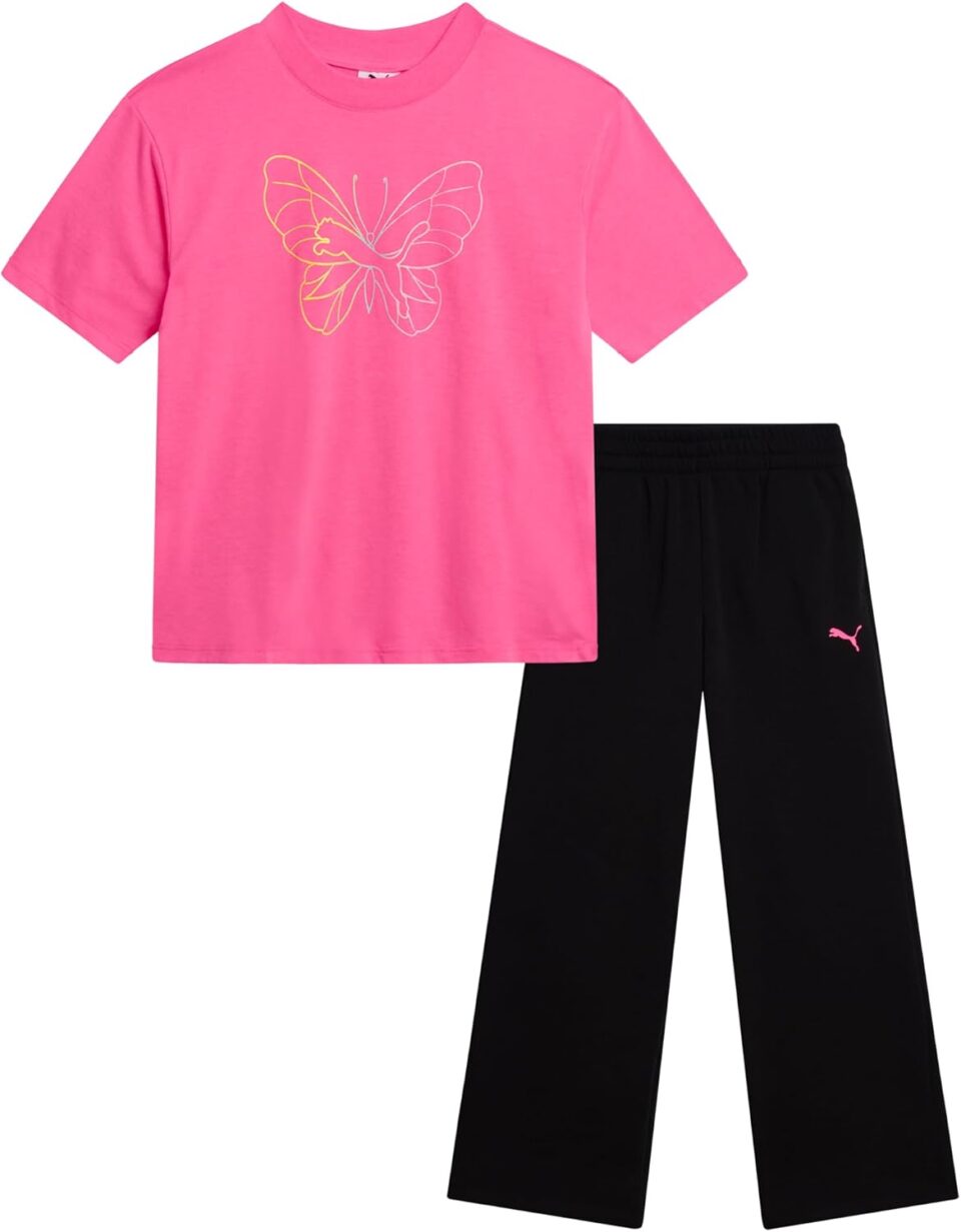 PUMA Girls' Pants Set - 2 Piece Short Sleeve Crewneck Fashion Graphic Tee Shirt and French Terry Flare Pants for Girls (7-14)