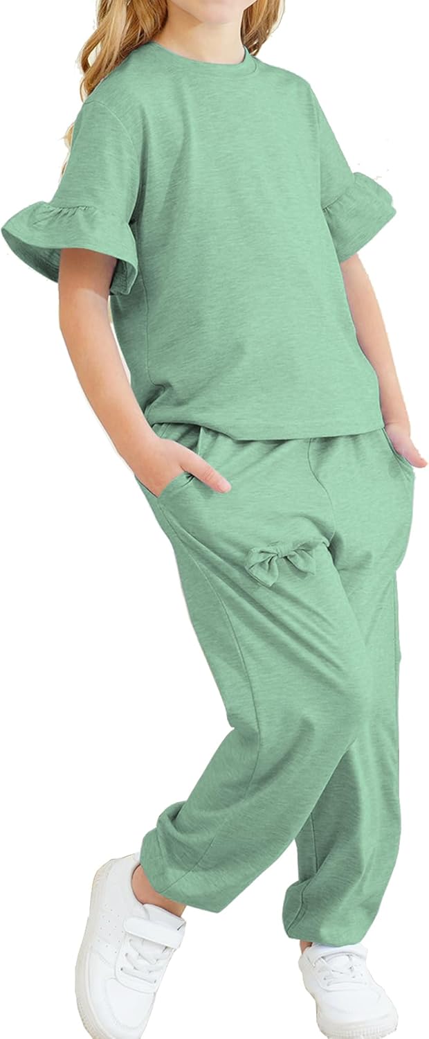 Jimonda Kids Girls Outfits Ruffle Sleeve T-Shirt and Pants Set with Side Pockets Clothing Set 2 Piece 4-13 Years Old