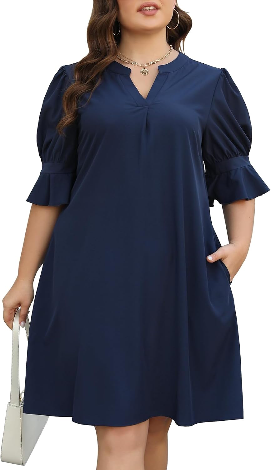 Celkuser Plus Size Summer Casual Shift Dress for Curvy Women V Neck Ruffled Sleeves Loose Shirt Dresses with Pockets 2025