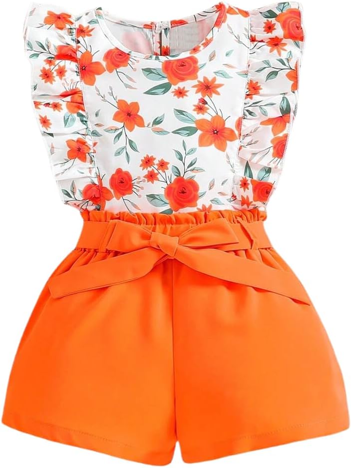 Kids Toddler Girls Clothes Outfits Floral Print Ruffle Sleeveless Top Belted Shorts Set Summer Clothing Set
