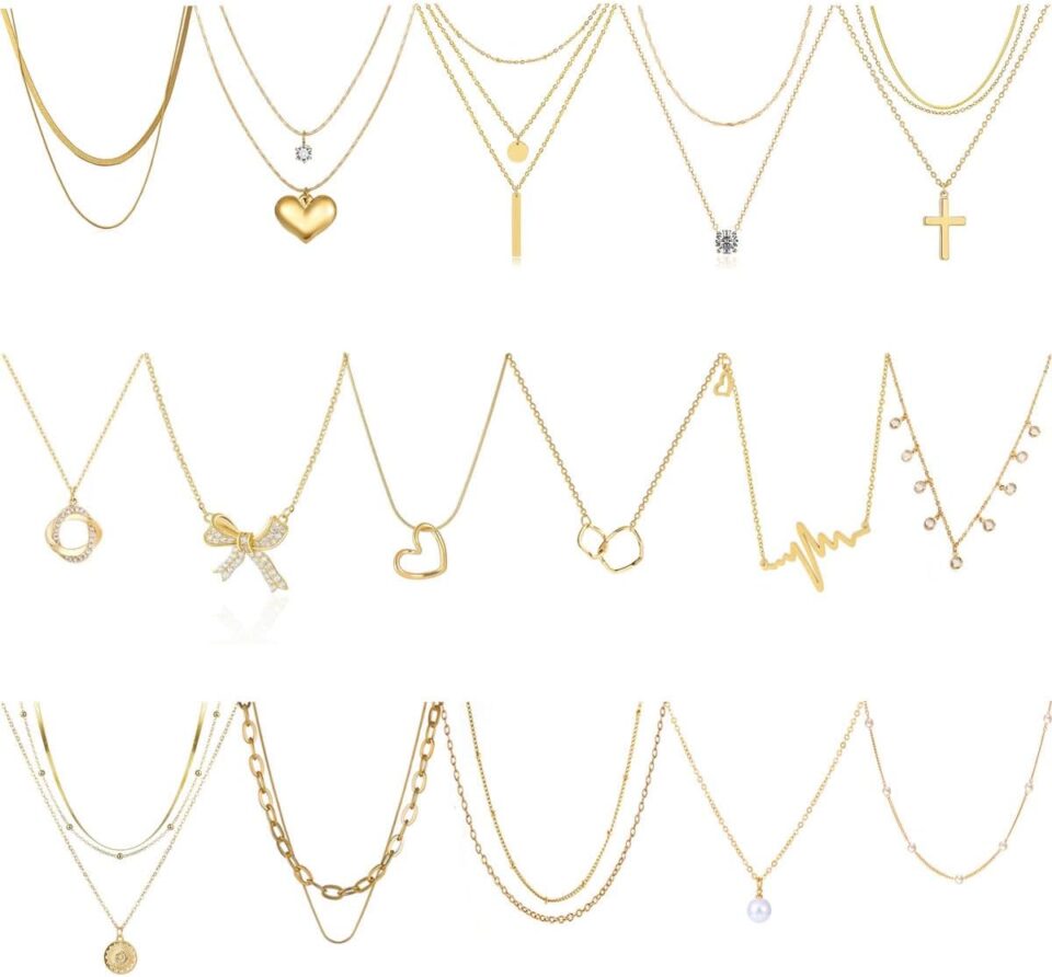 Myofeng 16Pcs Gold Necklaces Set for Women 14k Gold Plated Dainty Trendy Pendant Chain Choker Pack Multilayer Necklace Set for Women Adjustable Jewelry Gift