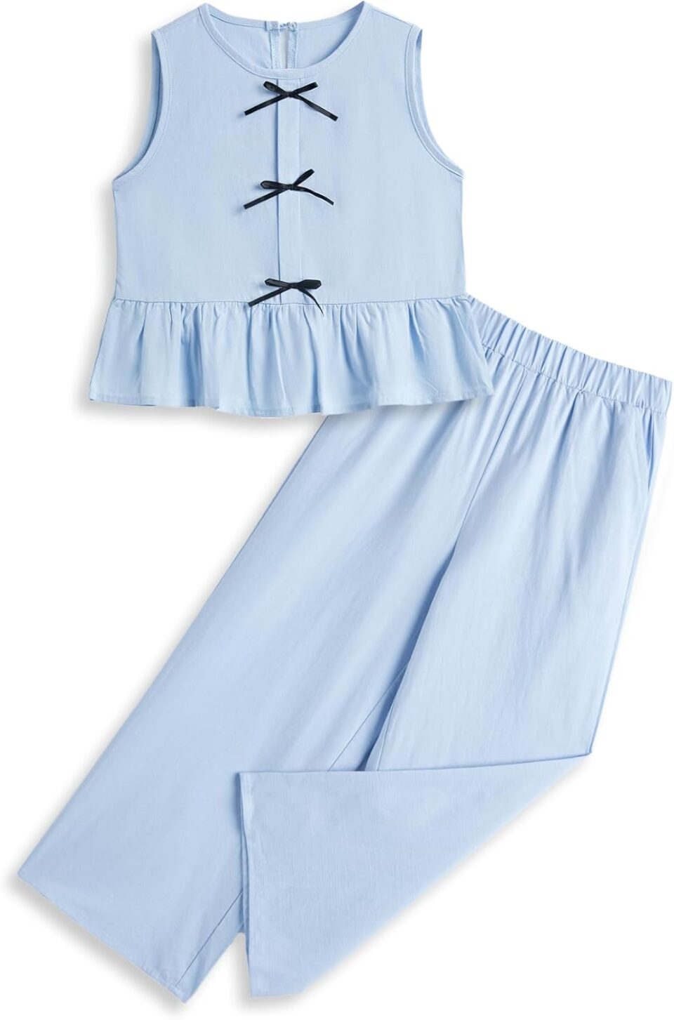 Girls’ Clothing Sets Sleeveless Bow Crop Top Wide Leg Linen Pants 2025 Summer Outfits Cute Kids Clothes
