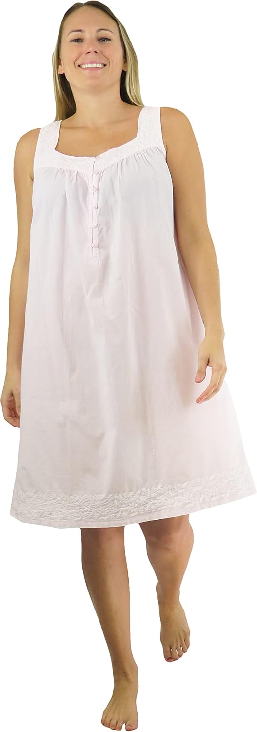 LA CERA Women's Cotton Embroidered Chemise, Sleeveless, Buttons, Hemline, Machine Wash, Side Pocket