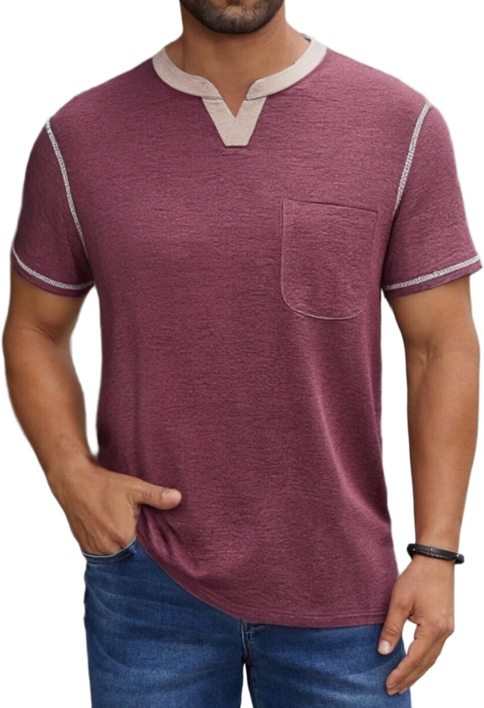 Men's Casual Henley Shirt Short Sleeve Summer V Neck Solid T-Shirt Tops Whith Pocket