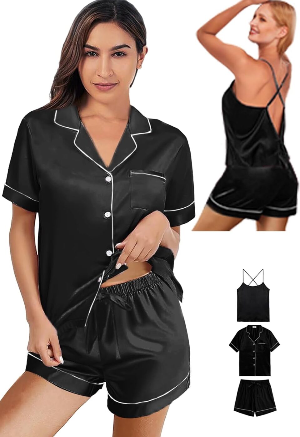 3Pcs Silk Pajamas Set for Women XS-4XL Satin Pajama Lingerie Pjs Cami Tops Silky Pj Sets Sleepwear Nightwear
