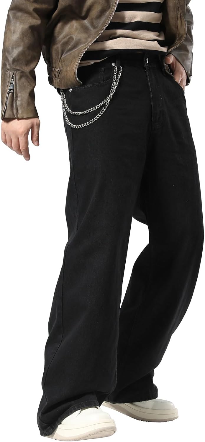 Plaid&Plain Men's Hip Hop Baggy Jeans Casual Wide Leg Y2k Skateboard Vintage Denim Pants Streetwear