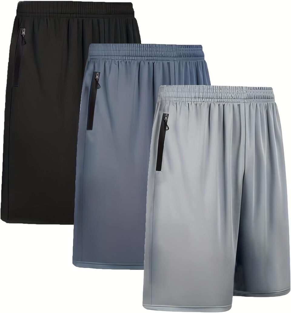 BUYJYA 3 Pack Men's Athletic Running Shorts Gym Basketball Lightweight Casual Short with Zipper Pocket Gift