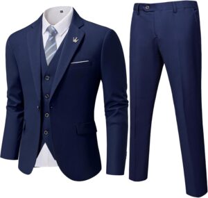 YND Men's Slim Fit 3 Pieces Suit, One Button Solid Jacket Pants Set with Tie for Wedding Party Business Prom