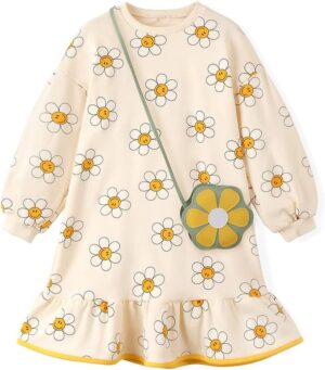 Ozkiz Girls Easter Dress with Long Sleeves - Floral Cotton Toddler Outfit, Church Dress, Spring and Summer Sundress