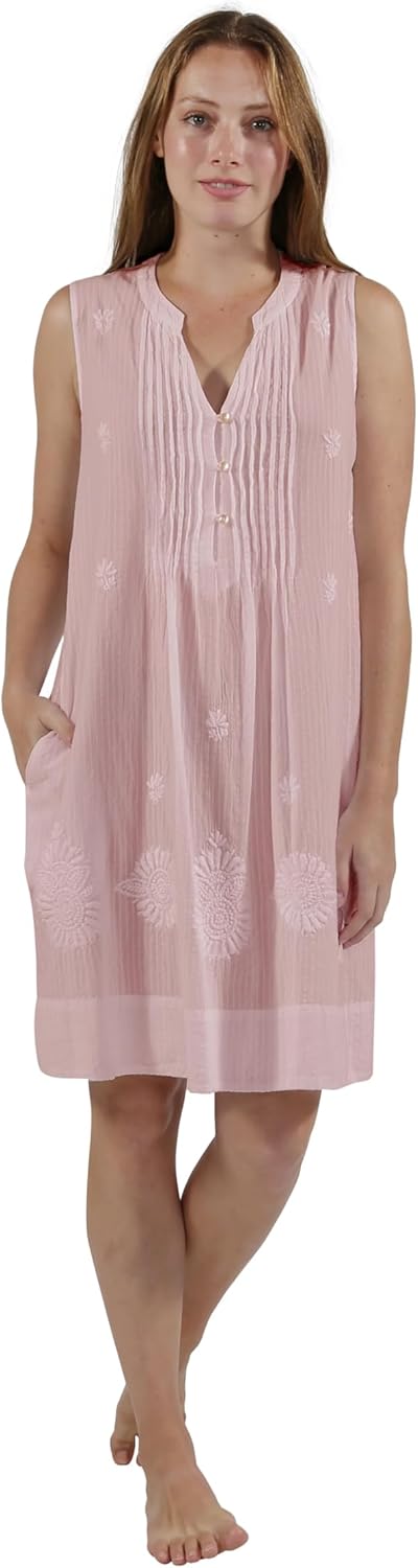 LA CERA Women's 100% Cotton Leno Stripe Chemise Nightgown, 100% Cotton, Machine Wash, Imported, V-Neckline, Sleeveless
