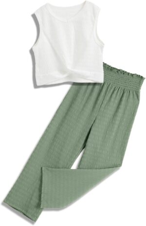 Kids Clothes Girls Summer 2025 Cute Outfits 2 Piece Tie Knot Crop Tops Wide Leg Long Pants Sets Suit