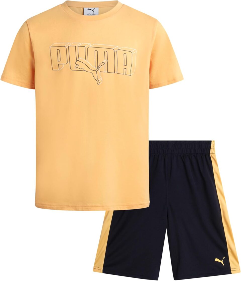 PUMA Boys' Short Set - 2 Piece Short Sleeve Crewneck Performance Graphic Tees and Athletic Mesh Shorts for Boys (Sizes: 4-16)