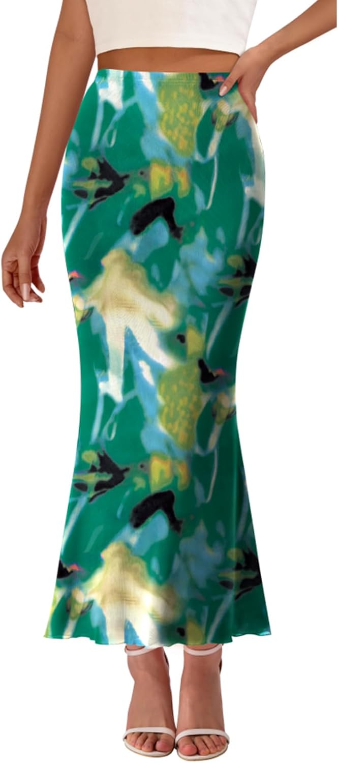 PRETTYGARDEN Women's Floral Print Mesh Long Skirt High Waisted Bodycon Fishtail Flowy Summer Maxi Skirts for Women Trendy