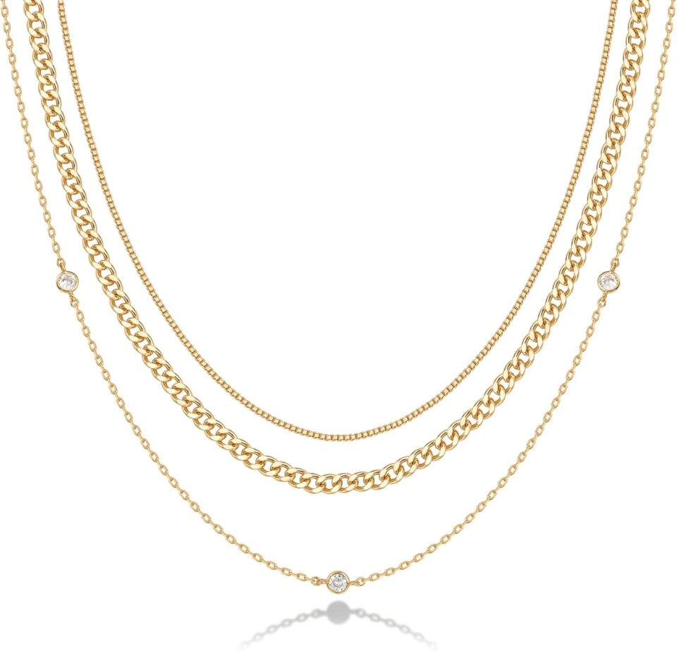 PAVOI 14K Gold Plated Dainty Layering Necklaces for Women | Snake Chain, Curb Link, Paperclip Layered Chains | Trendy Layering Necklace