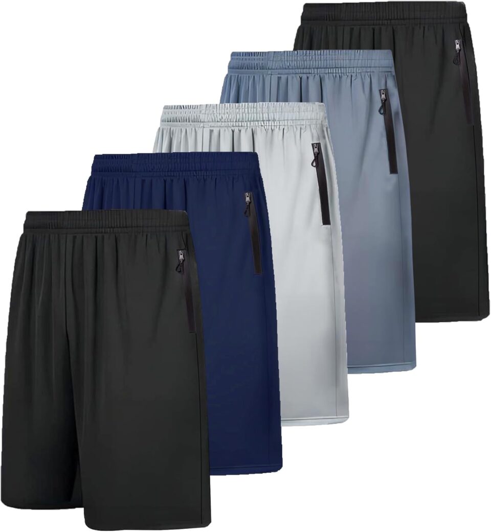 RPOVIG Men's Workout Shorts Sets 5 Pack with Zippered Pockets Basketball Gym Activewear Athletic Mesh Shorts