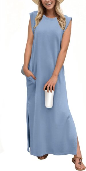 GRECERELLE 2025 Women Year-Round Casual Round Neck Loose Split Wrinkle-Free Long Maxi Vacation Dress with Pockets (XS-3XL)