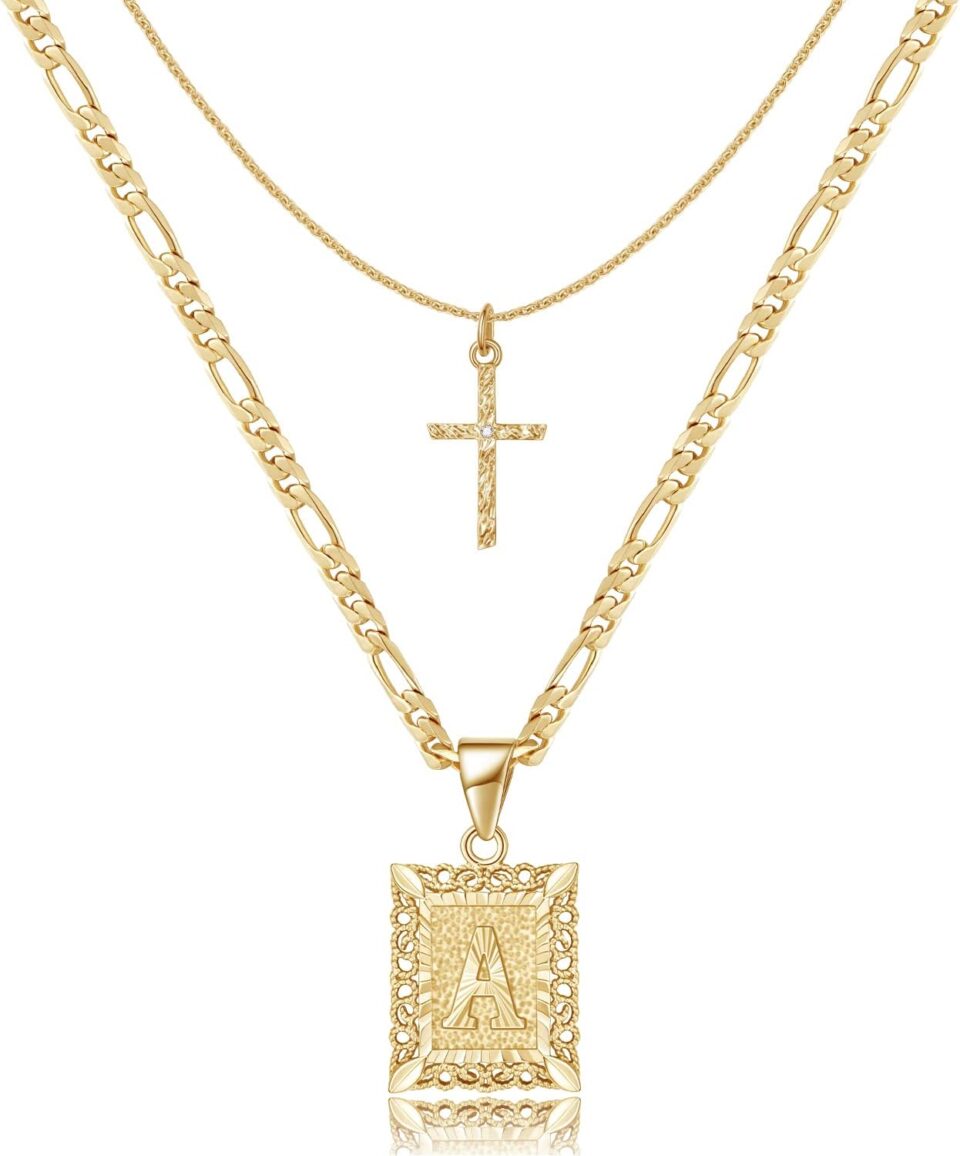 KELORIS PATH Gold Layered Initial Cross Necklace, 14K Gold Plated Layering Square Letter Pendant Figaro Chain Cross Choker from A-Z Capital Jewelry for Women Girls