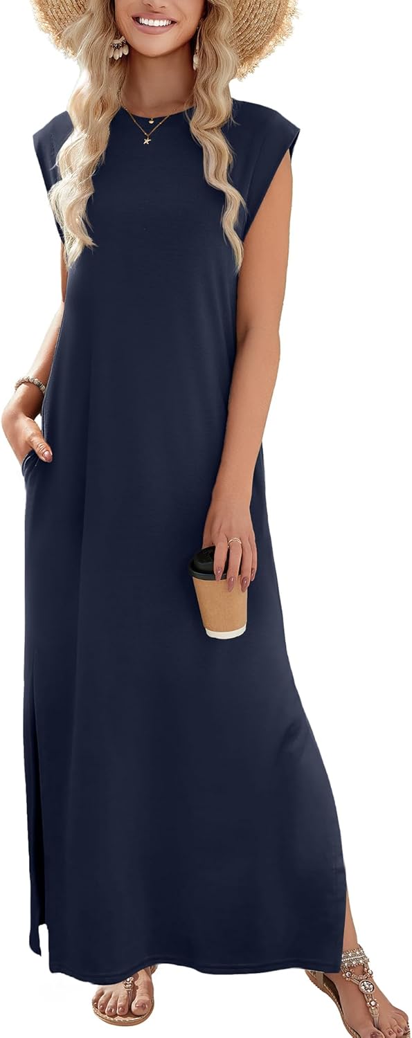 Zeagoo Women Floral Maxi Dress Summer Casual Sleeveless Sundress Crew Neck Long Dresses with Pockets 2025 Beach Vacation
