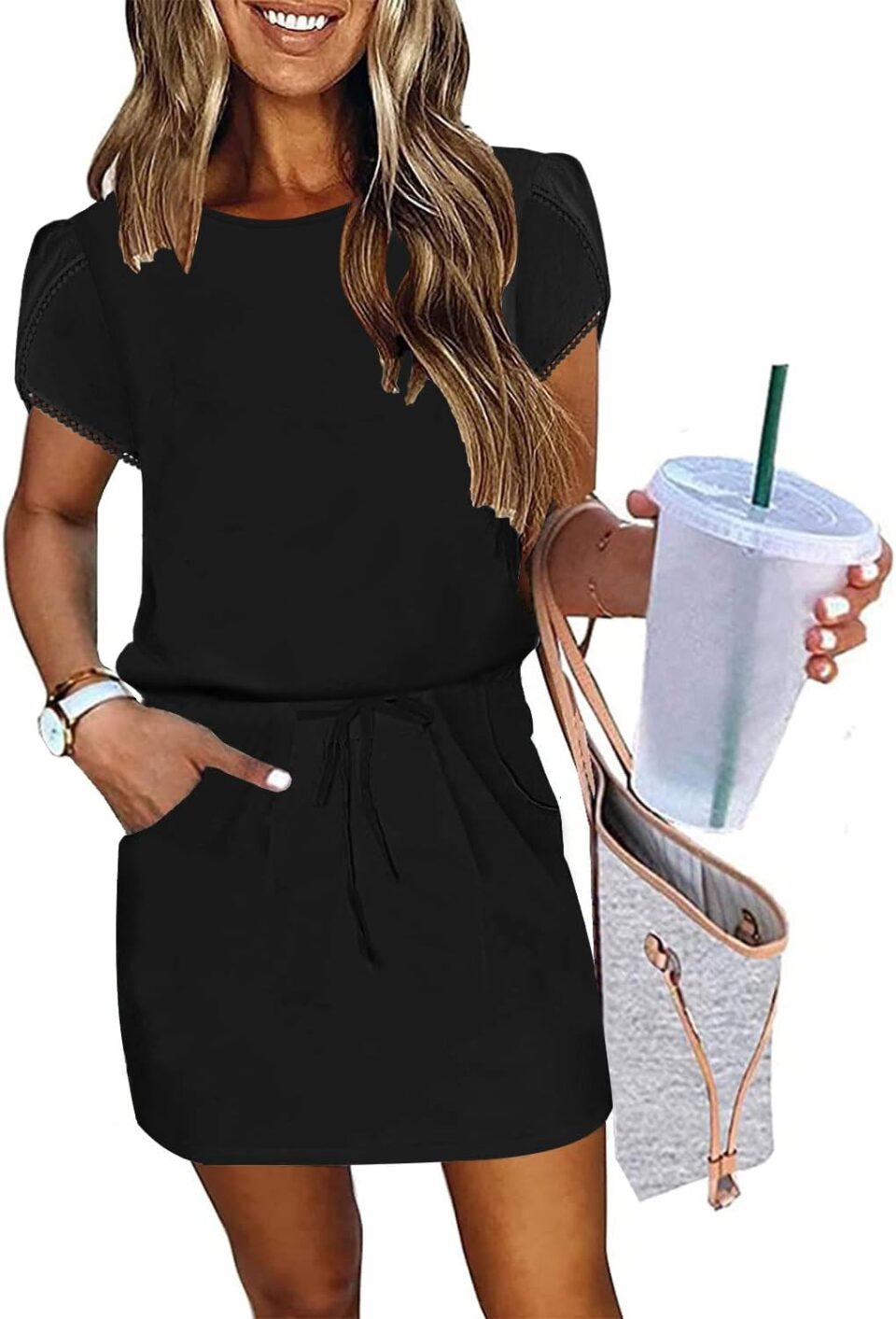 ETCYY NEW Womens Summer Dresses Tie Front Chic Mini Dress Petal Short Sleeve with Pockets