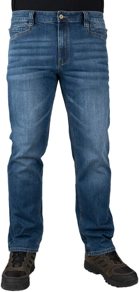 LAPG Men's Terrain Flex Slim Fit Tactical Jeans - Durable Stretch Denim, EDC Waistband, Vintage Wash, Multi-Pocket Design