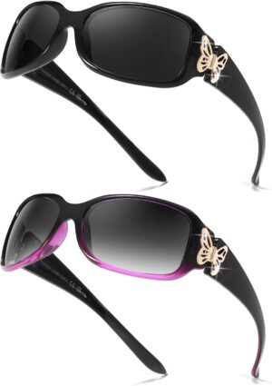 FIMILU（2Pack Polarized Sunglasses for Women Wrap Around Glasses Trendy Butterfly Decor Fashion Accessories UV400 Protection