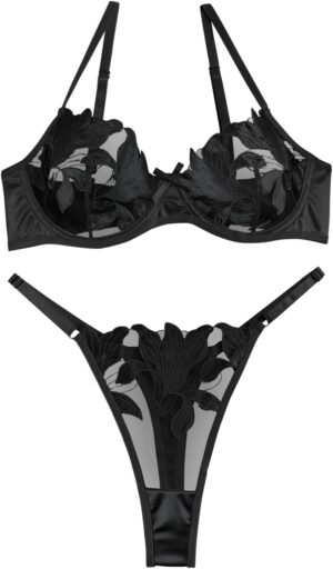 Lilosy Sexy Satin Mesh Floral Sheer Embroidered Underwire Lingerie Set 2 Piece Women
