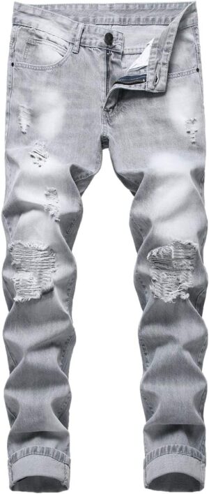 LZLER Mens Ripped Jeans,Distressed Destroyed Slim Fit Straight Leg Denim Pant with Holes