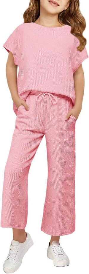 Haloumoning Girls' Clothing Sets Kids Fashion Short Sleeve Crew Neck Tops Wide Leg Pants Sweatsuit with Pocket 5-14Y