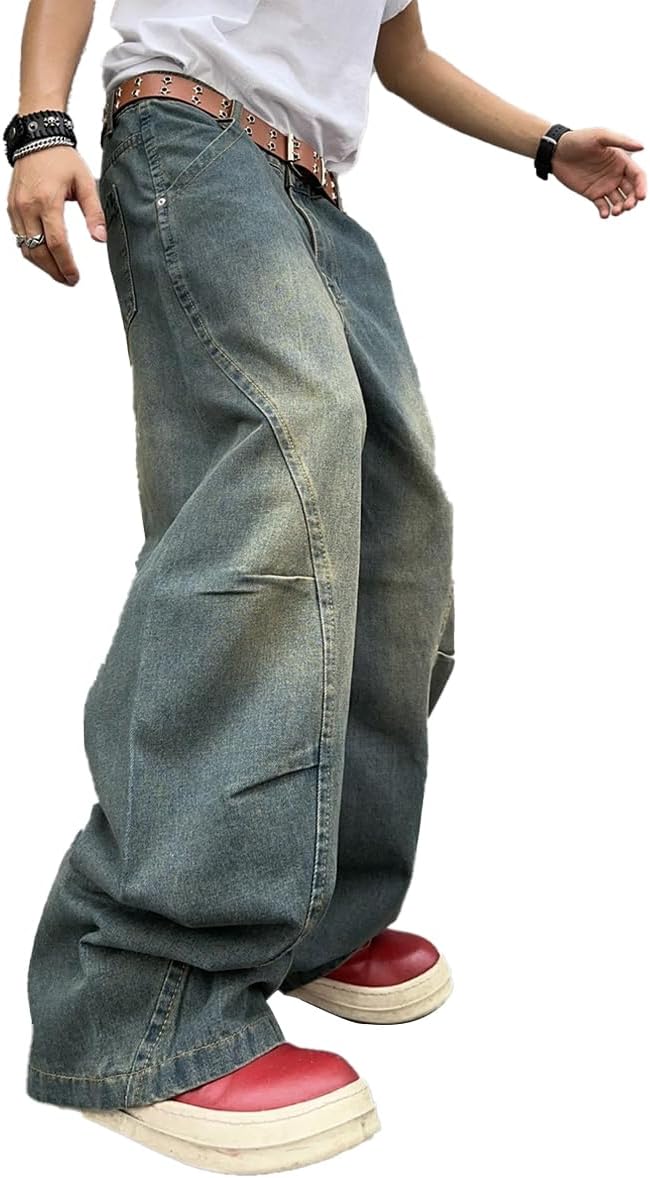Men's Irregular Sutures Y2k Hip Hop Baggy Jeans Wide Leg Denim Pants Casual Loose Fit Trousers Streetwear