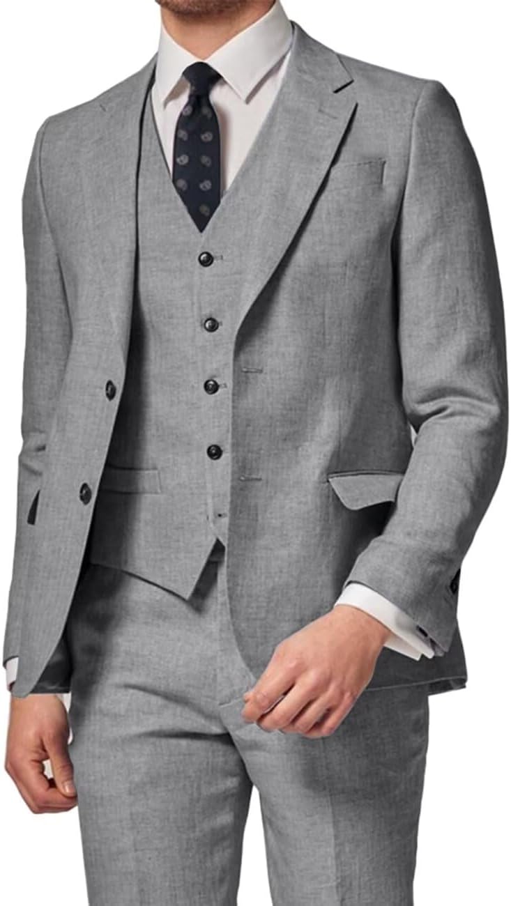 3 Piece Summer Linen Suits for Men, Men's Slim Fit Suit Set Two Buttons Casual Solid Blazers Vest Pants Set for Wedding Party