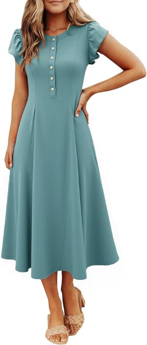 Simplee Womens Summer Casual Dress - Short Sleeve Button Crewneck A-Line Flowy Fit and Flare Beach Midi Dress