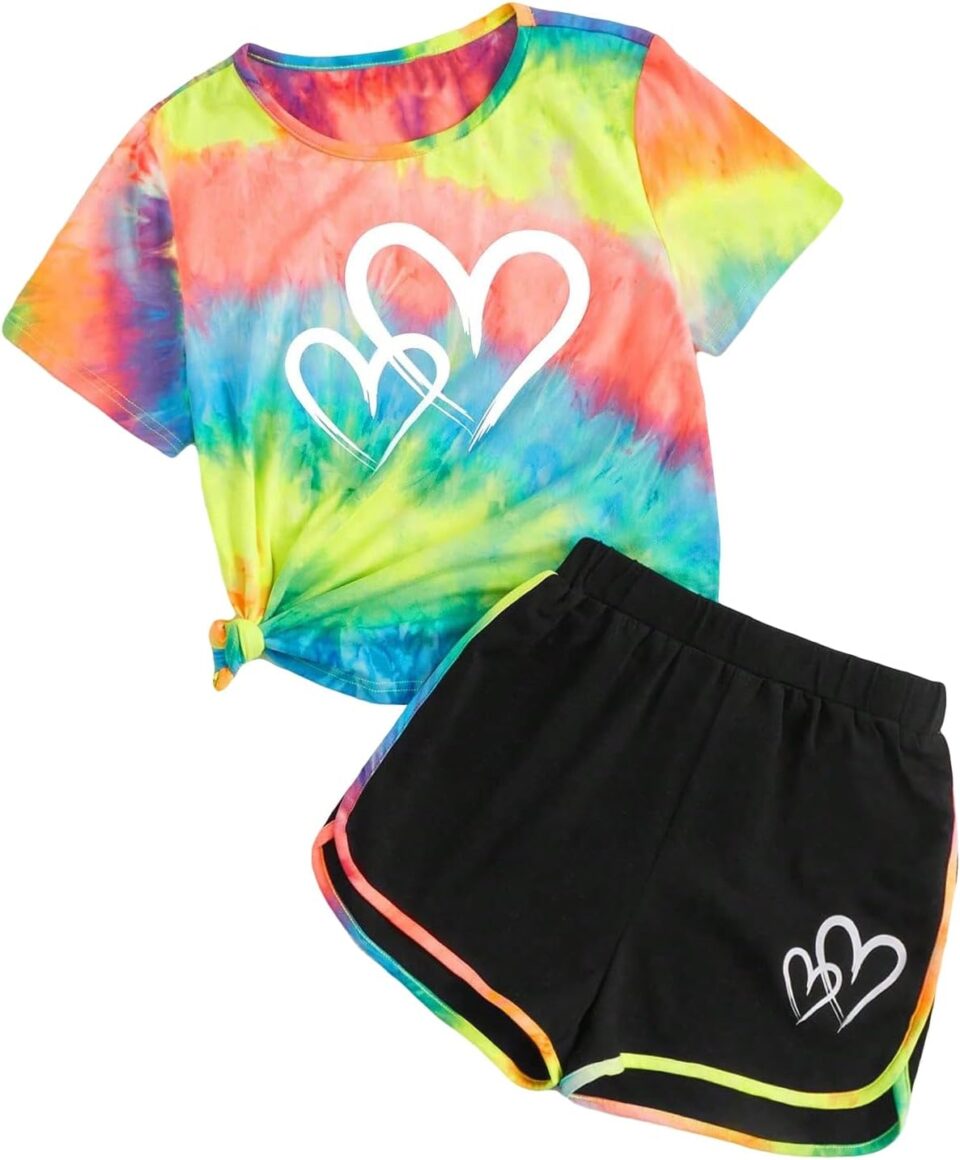 SweatyRocks Girl's 2 Piece Outfit Tie Dye Graphic Print Short Sleeve Tee Top and Track Shorts Set