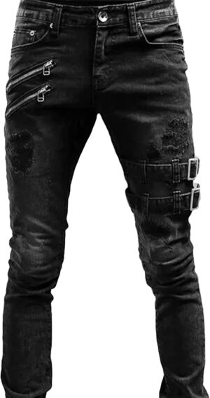 Maiyifu-GJ Men's Distressed Moto Biker Jeans Ripped Punk Gothic Zipper Denim Pants Hip hop Tapered Leg Slim Fit Jean