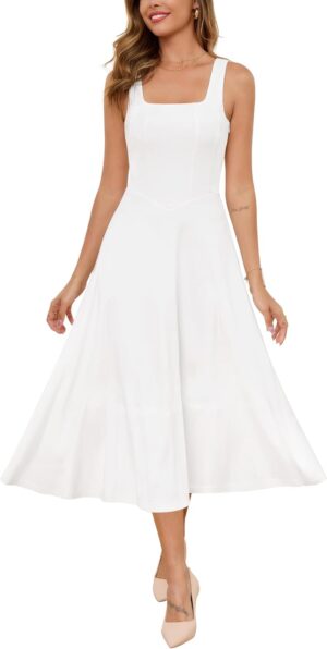 Zattcas Womens 2025 Spring Summer Square Neck Sleeveless Flowy Swing Midi Dress Wedding Guest Prom Cocktail Party Dress